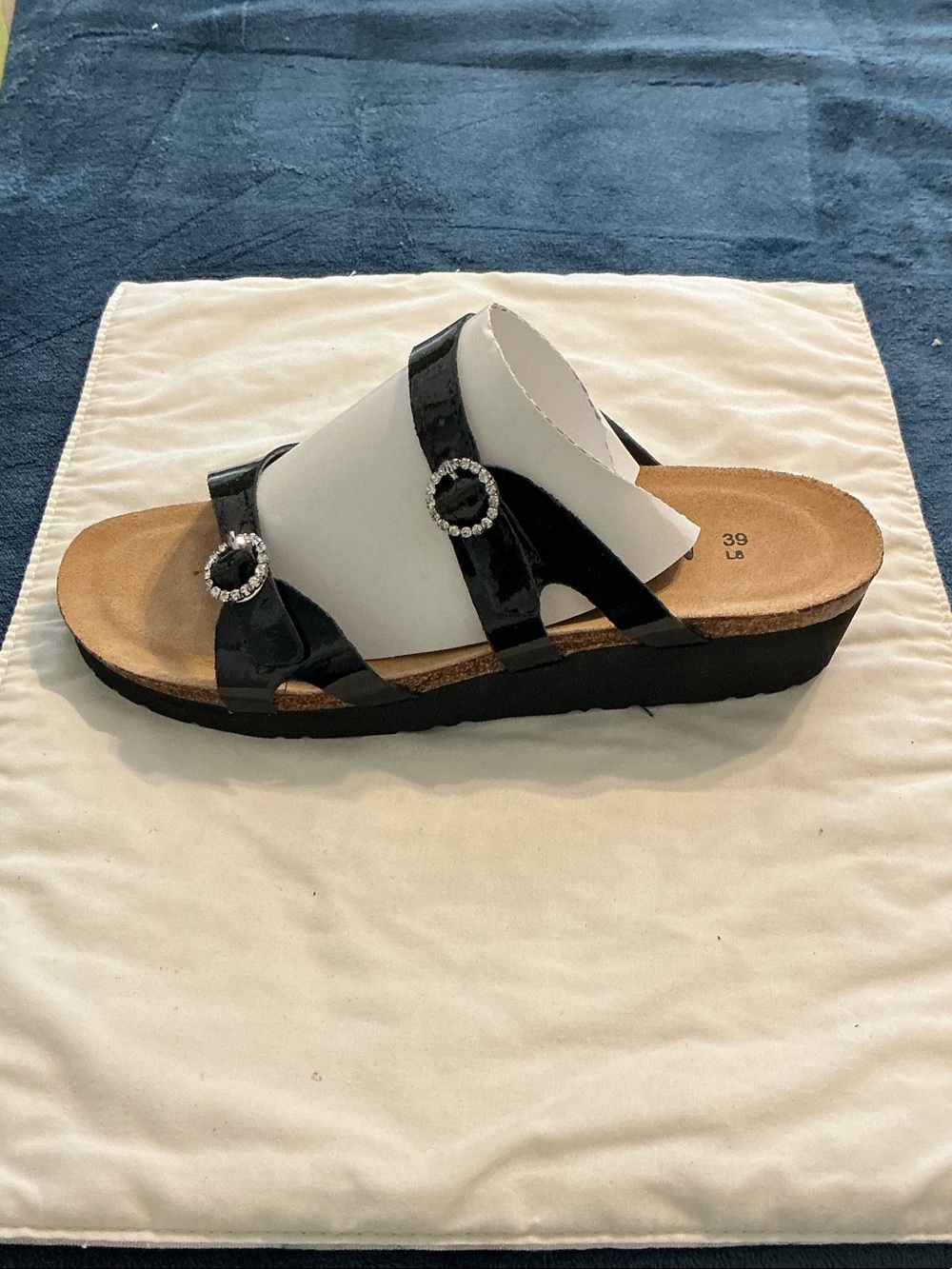 Naot Black Patent Slide Sandal with Rhinestone Rings
